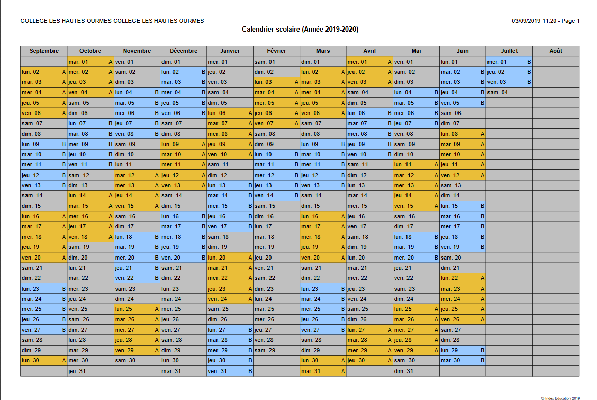 Calendrier semaines A et B - Collège Les Hautes Ourmes